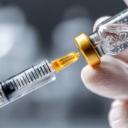 Gloved hand prepping a peptide shot