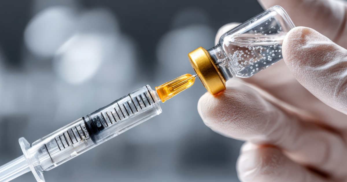 Gloved hand prepping a peptide shot